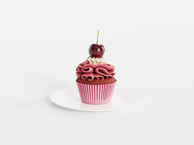 Delicious Pink Cupcake With Ruffled Frosting Cherry Pearl Decor And Pink Liner On White Plate 3d model