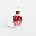 Delicious Pink Cupcake With Ruffled Frosting Cherry Pearl Decor And Pink Liner On White Plate