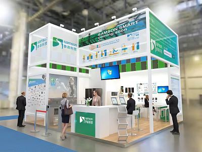 Sanquin Plasma Exhibition Booth With Green Backdrop Reception Desk And Screen 3d model