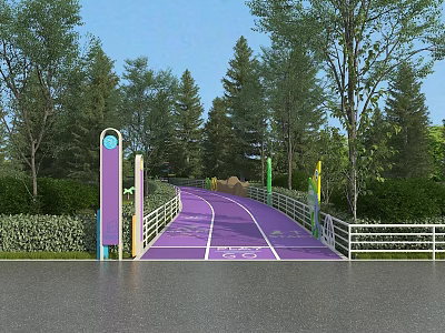 Scenic Purple Cycling Path With Trees Bushes Colorful Pillars And White Railings Under Blue Sky 3d model