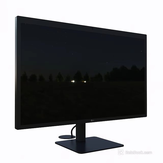 LG Computer Monitor Black Screen Displaying Scenic Night View With Trees And Stable Stand 3d model 