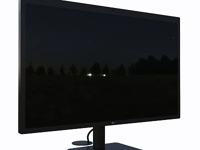 LG Computer Monitor Black Screen Displaying Scenic Night View With Trees And Stable Stand 3d model