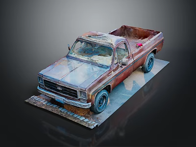 Rusty Old Vintage Truck With Weathered Body On Display Base Platform 3d model