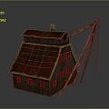 Traditional Wooden House With Red Roof Chimney Windows And Wooden Crane
