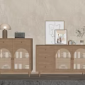 Wooden Sideboard With Arched Glass Doors Decorative Table Lamp And Potted Plant