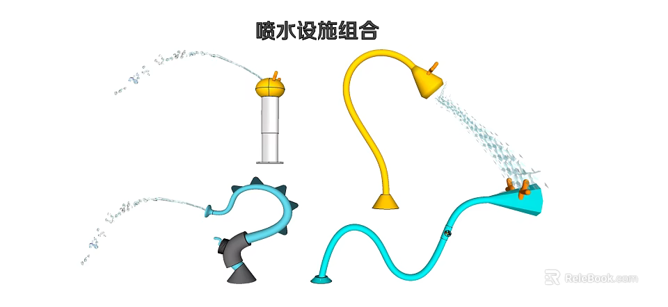 Water Playground Equipment with Sprinkler Combination Curved Pipes Yellow Blue Nozzles for Kids Outdoor Fun 3d model 