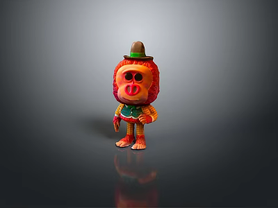 3D Modeled Cartoon Character Wearing Brown Hat Red Hair Green Overalls On Black Reflective Surface 3d model