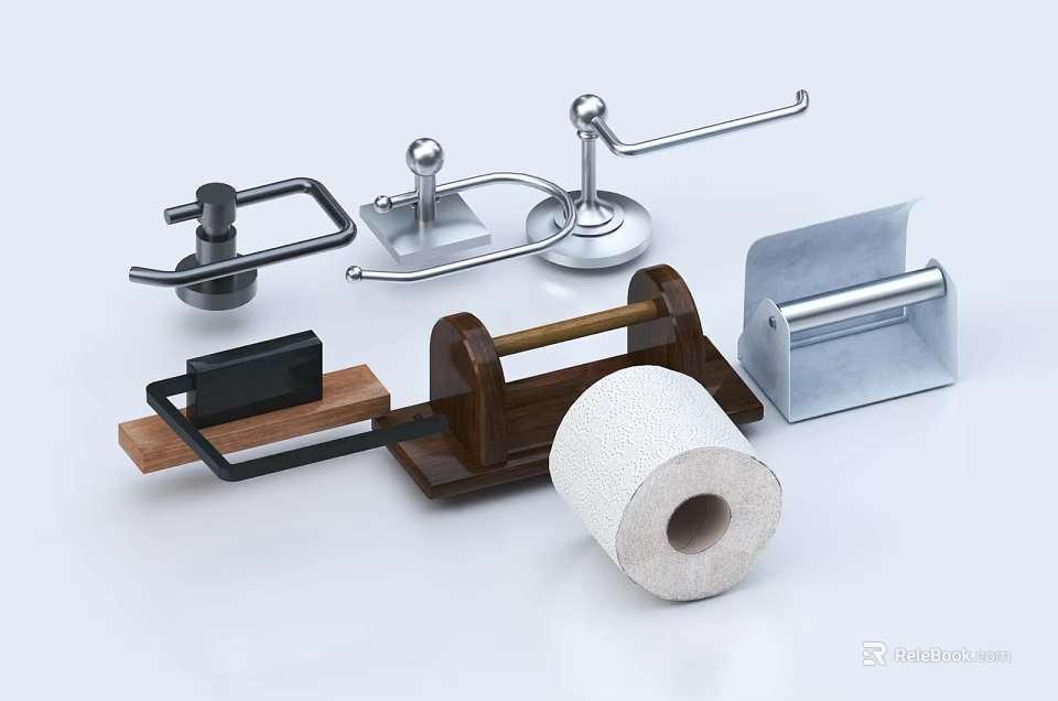 Modern Bathroom Accessories With Wooden Toilet Paper Holder And Metal Towel Racks 3d model 