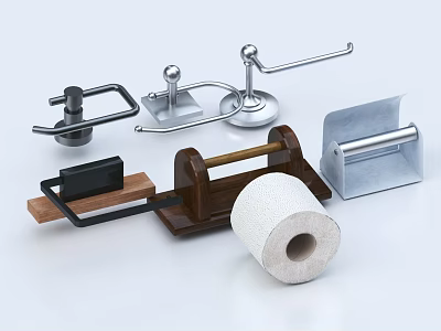 Modern Bathroom Accessories With Wooden Toilet Paper Holder And Metal Towel Racks 3d model