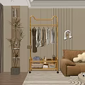 Stylish Clothes On Golden Cat Shaped Rack With Folded Garments In Living Room Interior