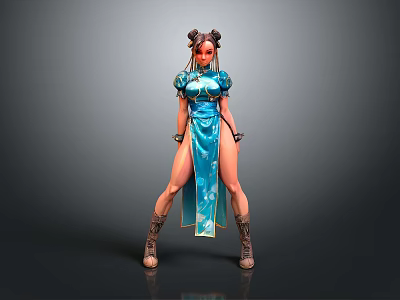 Blue Silk Cheongsam with High Slit Gold Trim and Traditional Design for Daily Wear 3d model