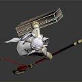 Anime Character With Silver Gray Long Hair White And Yellow Outfit Holding Red Staff Standing