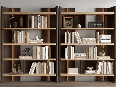 Two Wooden Bookshelves With Books Small Bicycle Model Photo Frame Clock And Decorative Items 3d model