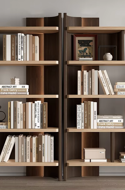 Two Wooden Bookshelves With Books Small Bicycle Model Photo Frame Clock And Decorative Items 3d model