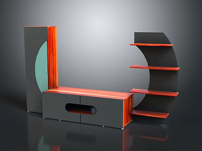 Modern Black Wooden TV Stand With Curved Shelves And Storage Cabinet Design 3d model