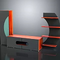 Modern Black Wooden TV Stand With Curved Shelves And Storage Cabinet Design
