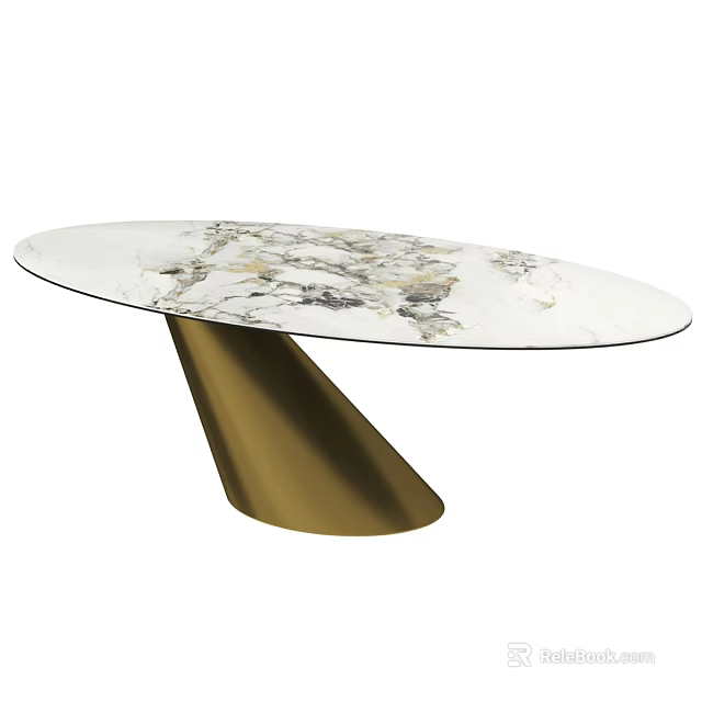 Elegant Oval Dining Table With Marble Top And Gold Conical Base Modern Design 3d model 