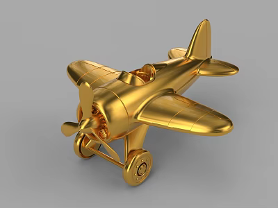 Golden Vintage Toy Airplane With Metallic Finish Propeller And Wheels Design 3d model