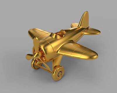 Golden Vintage Toy Airplane With Metallic Finish Propeller And Wheels Design 3d model