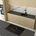 Modern Kitchen Featuring Light Wood Cabinets Black Gray Island And Marble Backsplash