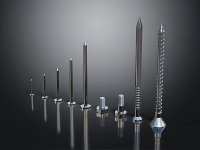 Assorted Metal Hardware Tools Featuring Nails Screws and Nuts 3d model