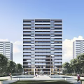 Modern High Rise Residential Building Exterior With Trees And Green Surroundings