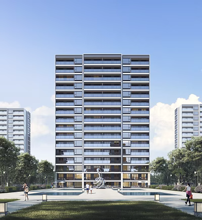 Modern High Rise Residential Building Exterior With Trees And Green Surroundings 3d model
