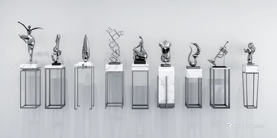 Modern Decorative Ornament Set With Glass And Marble Pedestals Abstract Sculptures For Home Interior Decoration 3d model 