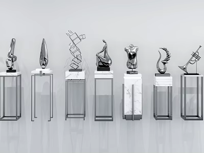 Modern Decorative Ornament Set With Glass And Marble Pedestals Abstract Sculptures For Home Interior Decoration 3d model