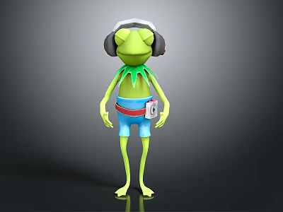 Anthropomorphic Green Frog Character Wearing Headphones Blue Shorts Red Belt And ID Card On Waist 3d model