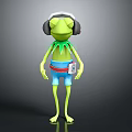 Anthropomorphic Green Frog Character Wearing Headphones Blue Shorts Red Belt And ID Card On Waist