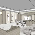 Modern Office Corridor Interior With White Walls Wooden Ceiling Blue Yellow Seats And Display Screens