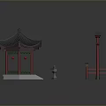 Traditional Chinese Architectural Elements Featuring Pagoda Red Torii Gate Hanging Lanterns And Stone Lanterns