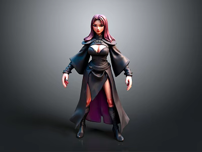 3D Female Character With Pink Hair Black Robe Purple Lining Tall Boots Gray Background 3d model