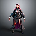 3D Female Character With Pink Hair Black Robe Purple Lining Tall Boots Gray Background
