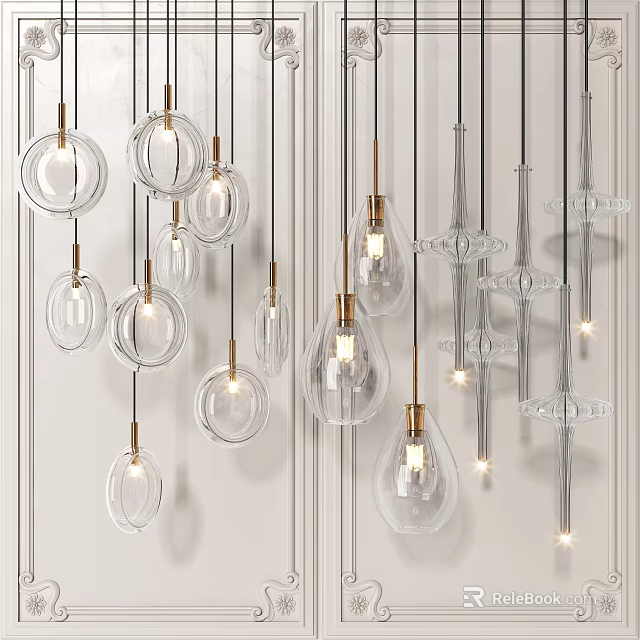 Modern Transparent Glass Chandeliers With Various Shapes And Golden Accents Hanging In Interior 3d model 