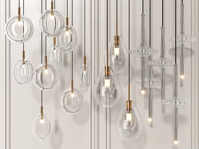 Modern Transparent Glass Chandeliers With Various Shapes And Golden Accents Hanging In Interior 3d model