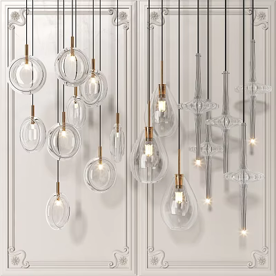 Modern Transparent Glass Chandeliers With Various Shapes And Golden Accents Hanging In Interior 3d model