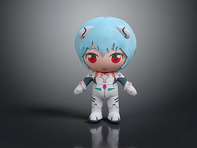 Cartoon Character Plush Toy With Blue Hair Horns Red Eyes And White Outfit Green Accents 3d model