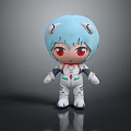 Cartoon Character Plush Toy With Blue Hair Horns Red Eyes And White Outfit Green Accents