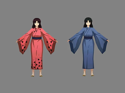 Two Female Anime Characters Wearing Traditional Kimono With Pink Blue Colors And Black Hair Accessories 3d model