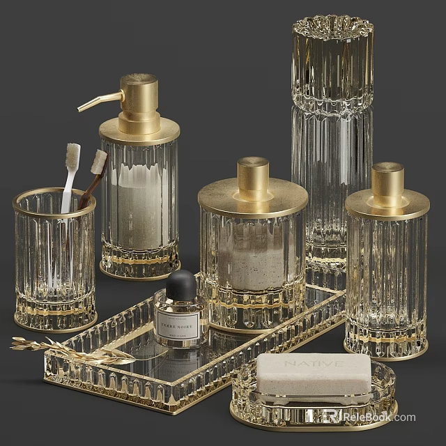 Elegant Modern Dining Table With Crystal Gold Containers Tray And Perfume Decor 3d model 