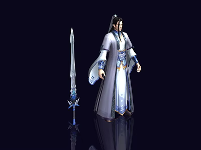 Elegant Game and Movie Character in Flowing Robe With Decorative Sword and Ancient Style Details 3d model