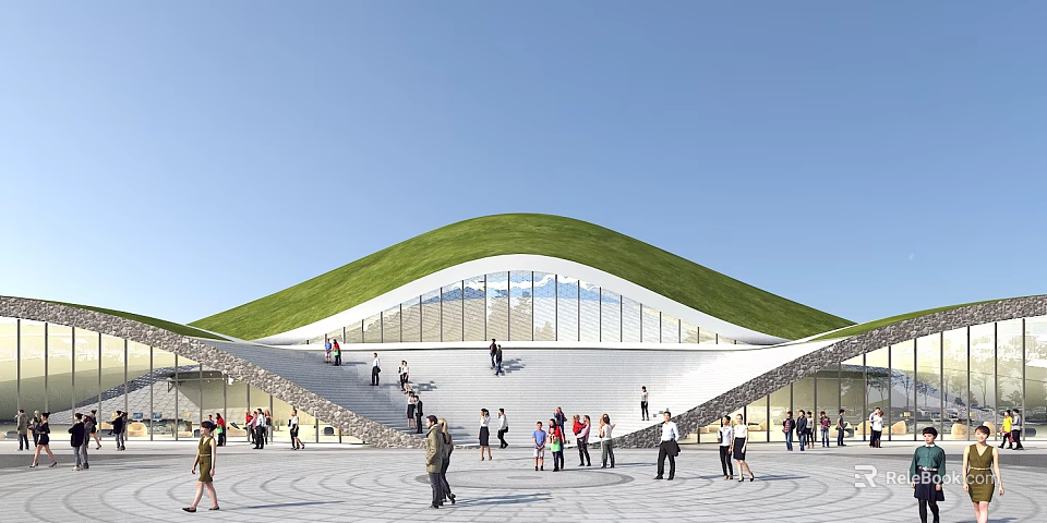Popular Visitor Center With Green Roof Glass Facade And Steps For Tourists Gathering 3d model 
