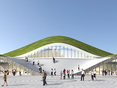 Popular Visitor Center With Green Roof Glass Facade And Steps For Tourists Gathering 3d model