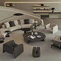 Modern Living Room Interior With Curved Sofa Gray Beige Tones And Round Coffee Table