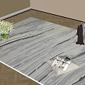 Light Gray Striped Square Rug on Wooden Floor with White Flower Vase and Magazine