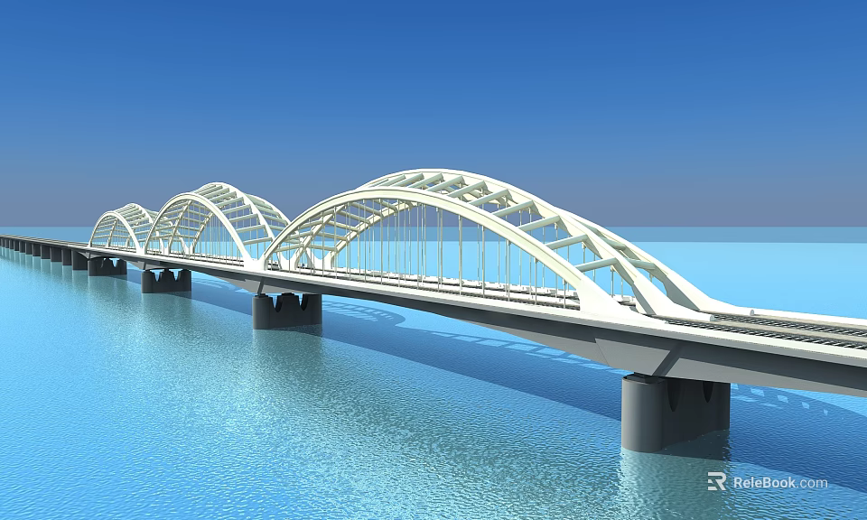 Modern White Arch Bridge Design Spanning Blue Water Under Clear Sky 3d model 