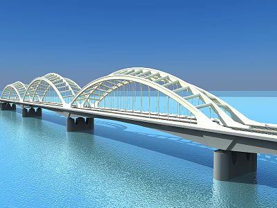 Modern White Arch Bridge Design Spanning Blue Water Under Clear Sky 3d model