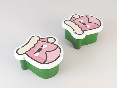 Cute Cartoon Themed Pink Sofa Stools With Green Base And Adorable Expressions 3d model